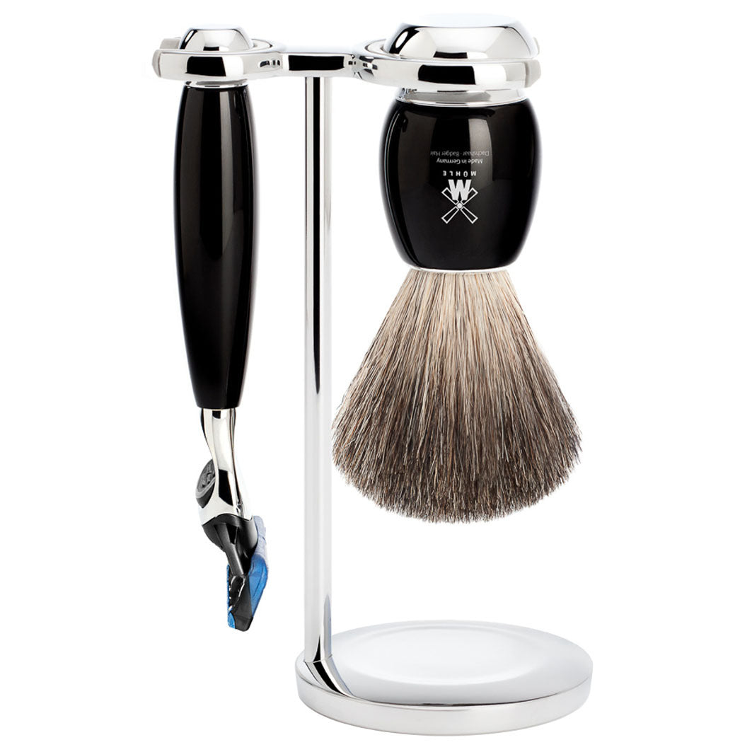 VIVO 3-teiliges Rasierset Reines Dachshaar, mit Gillette® Fusion™, Griffmaterial Edelharz schwarz