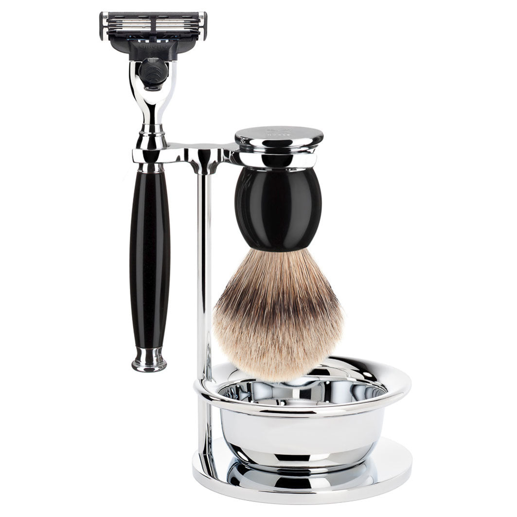 SOPHIST 4-teiliges Rasierset, Silberspitz Dachszupf, mit Gillette® Mach3®, Griffmaterial Edelharz sc