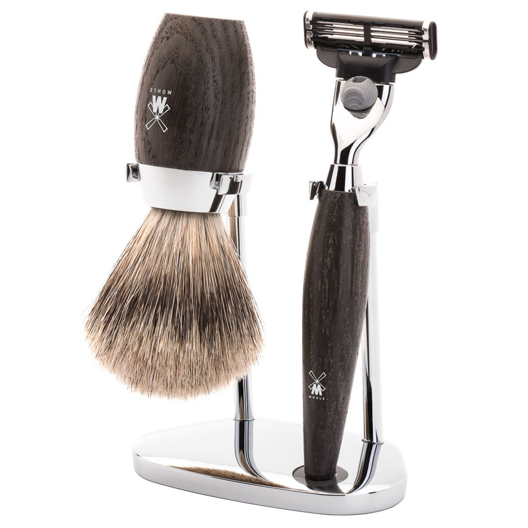 KOSMO 3-teiliges Rasierset, Feines Dachshaar, mit Gillette® Mach3®, Griffmaterial Mooreiche