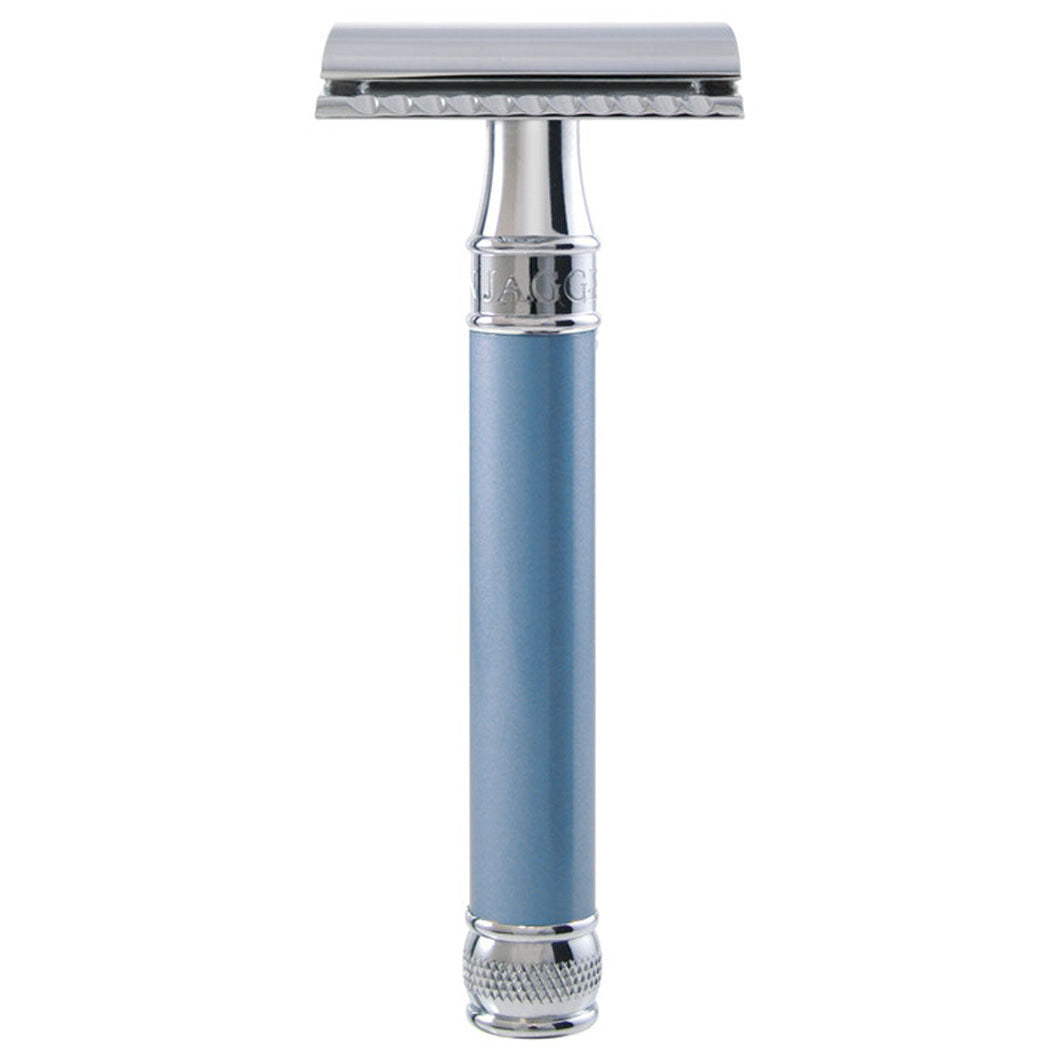 Double Edge Safety Razor, extra langer Griff, Blau, Verchromt