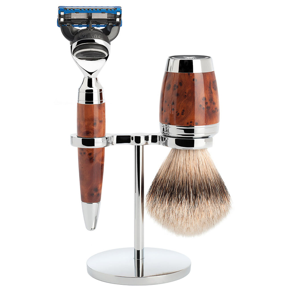 Stylo 3 tlg Rasierset Silberspitz,Fusion™, Griff Thuja Holz