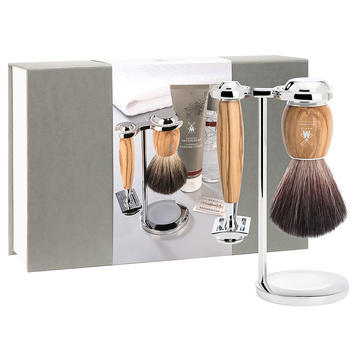 Geschenkset Vivo schwarzer Dachszupf, Rasierhobel, Griff Olive