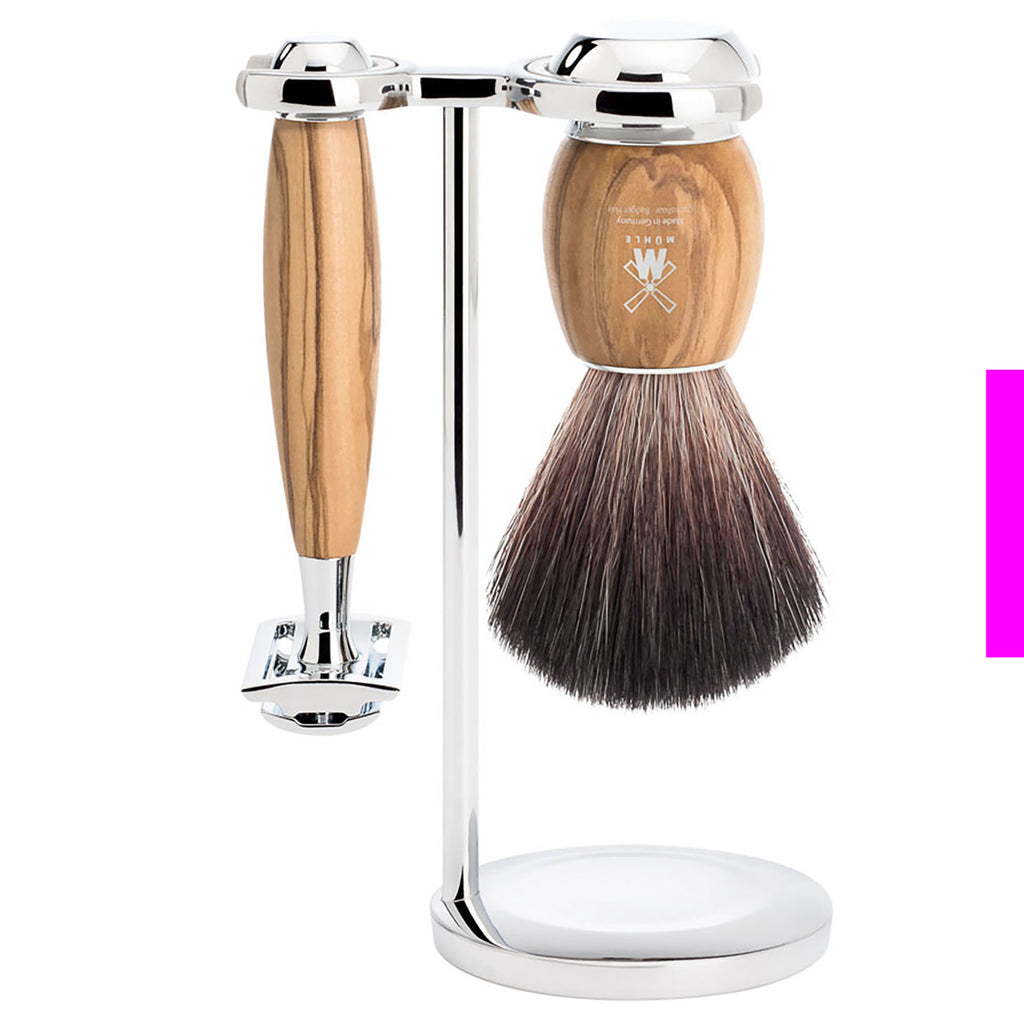 Geschenkset Vivo schwarzer Dachszupf, Rasierhobel, Griff Olive