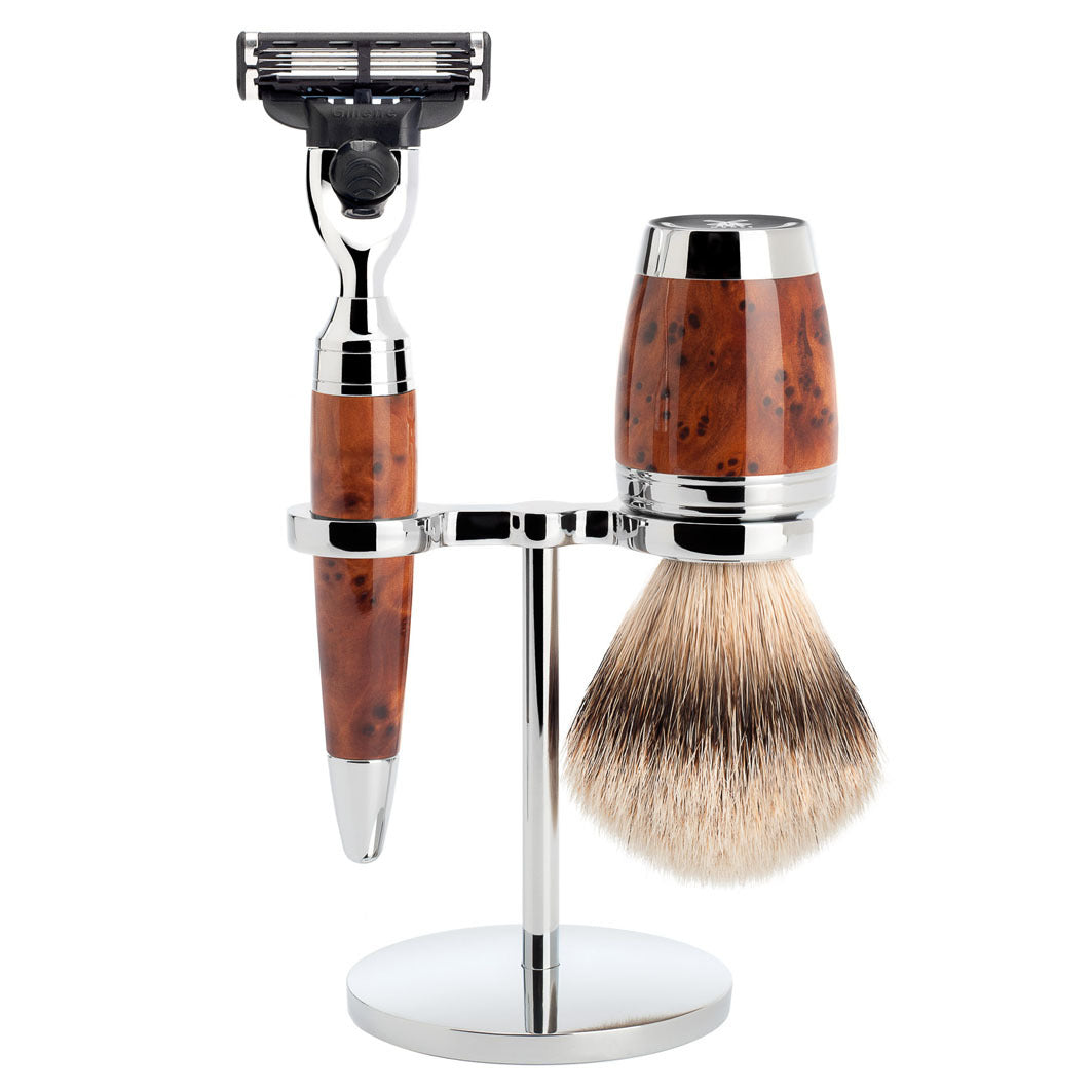 STYLO 3-teiliges  Rasierset, Silberspitz Dachszupf, mit Gillette® Mach3®, Griffmaterial Thuja-Holz