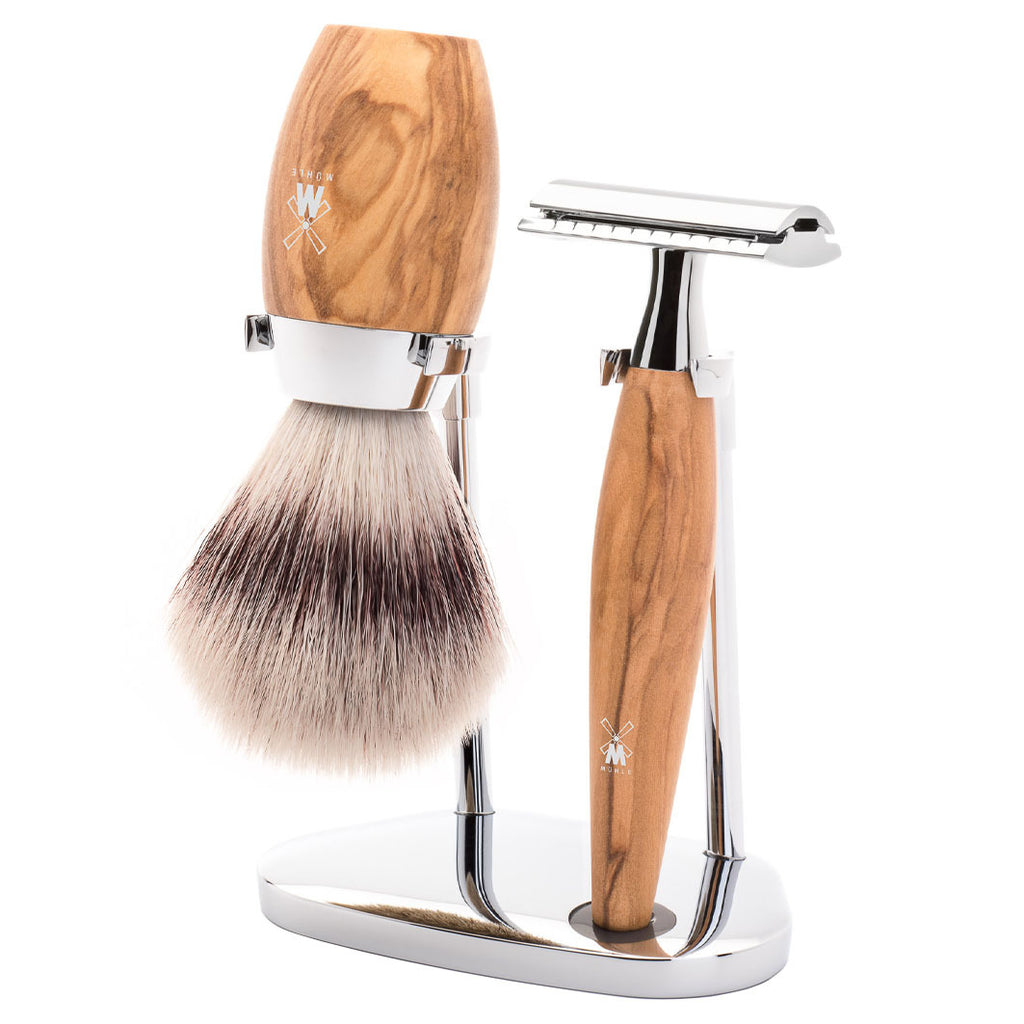 KOSMO 3-teiliges Rasierset, Silvertip Fibre®, mit Rasierhobel, Griffmaterial Olivenholz