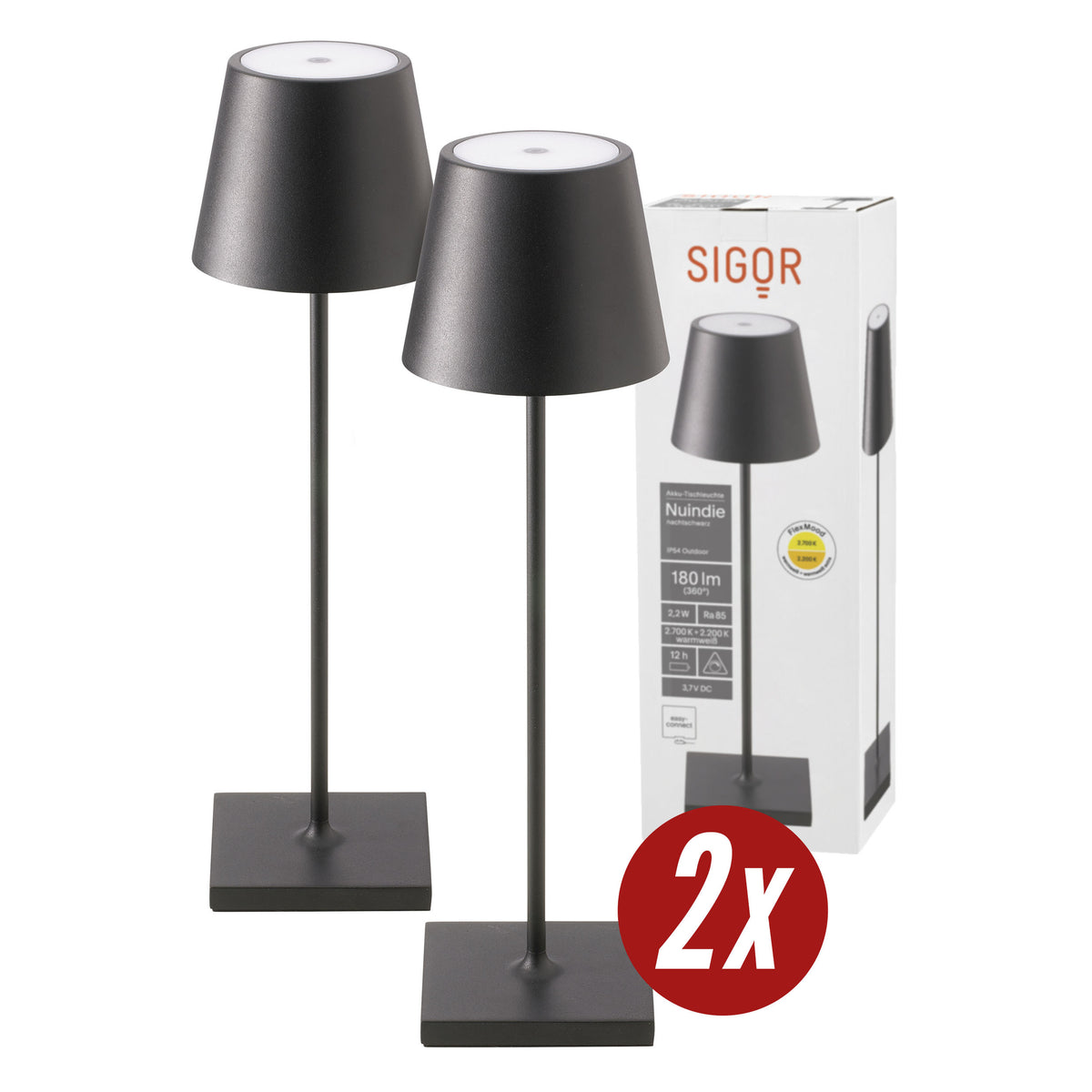 Tischleuchte NUINDIE Doppelpack - 2x Dimmbare LED Akku-Tischleuchte In- & Outdoor, 38 cm, Nachtschwarz nachtschwarz