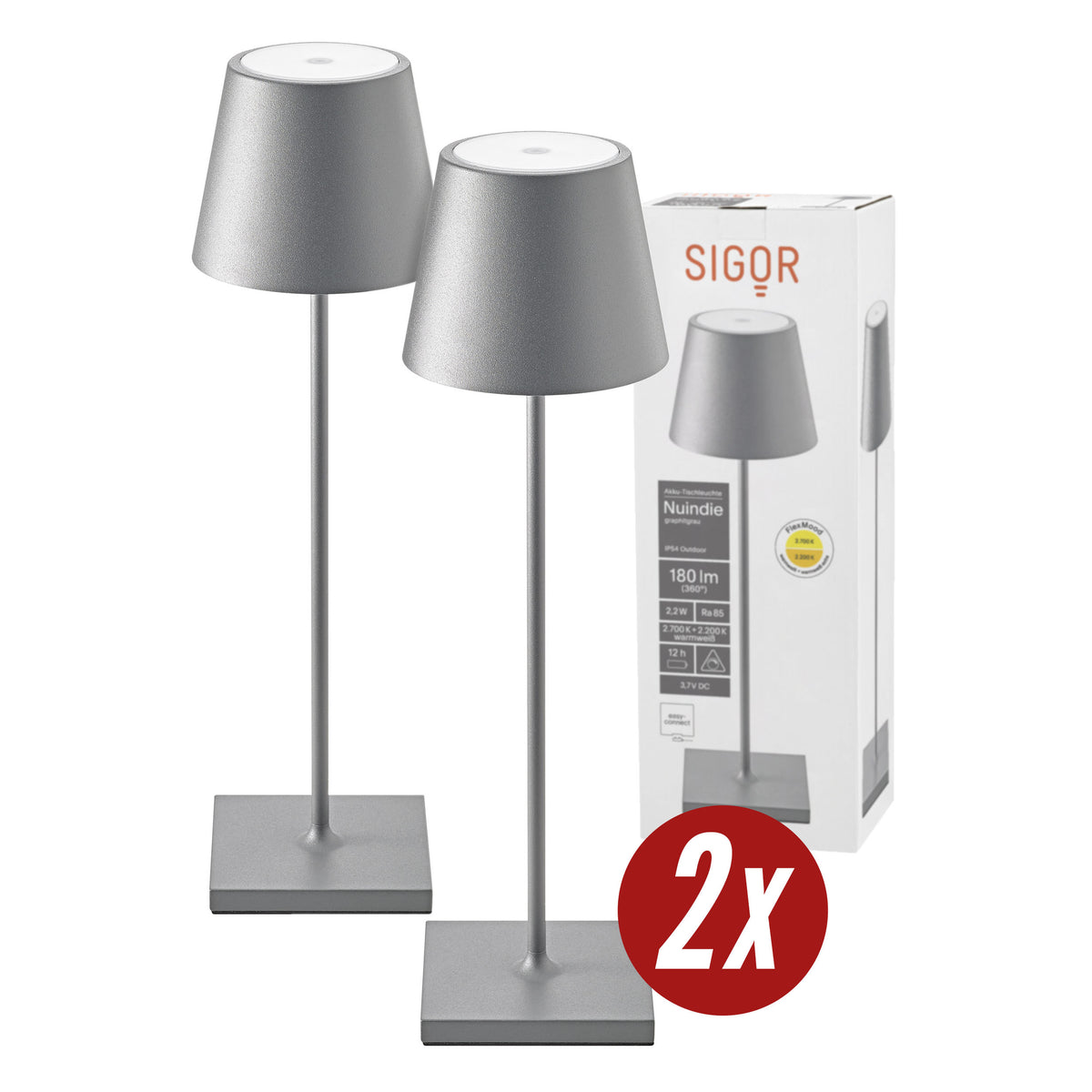 Tischleuchte NUINDIE Doppelpack - 2x Dimmbare LED Akku-Tischleuchte In- & Outdoor, 38 cm, Graphitgrau graphitgrau