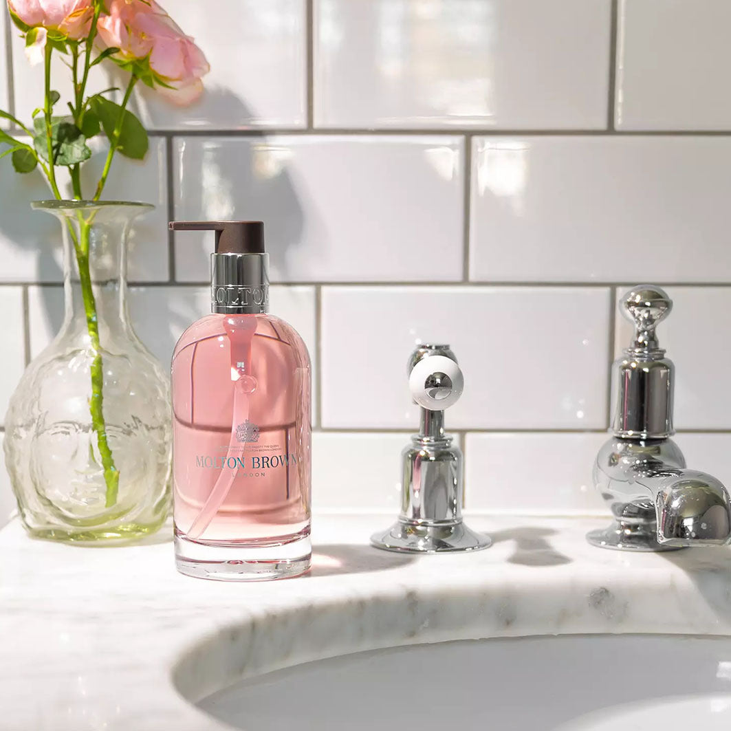 DELICIOUS RHUBARB & ROSE FINE LIQUID HAND WASH GLASS BOTTLE transparent