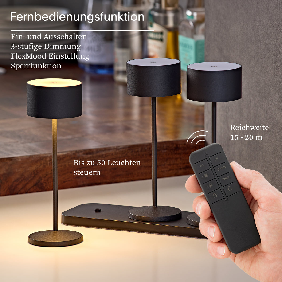 Akku-Tischleuchte Veluna 245mm nachtschwarz 3er Set Remote nachtschwarz