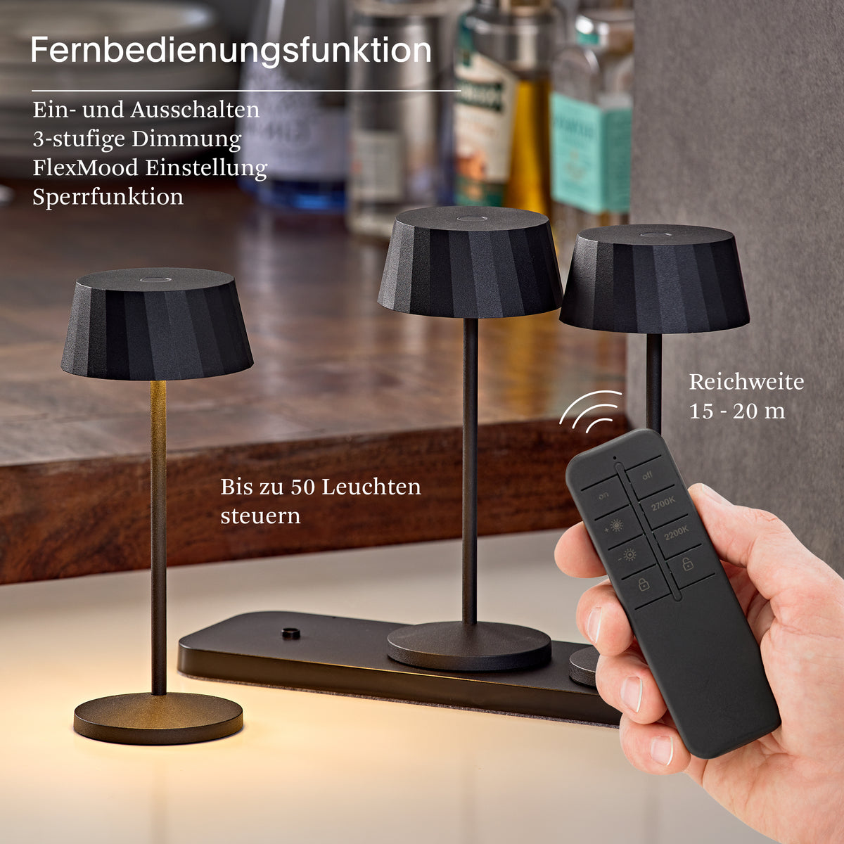 Akku-Tischleuchte Facetta 222mm nachtschwarz 3er Set Remote nachtschwarz