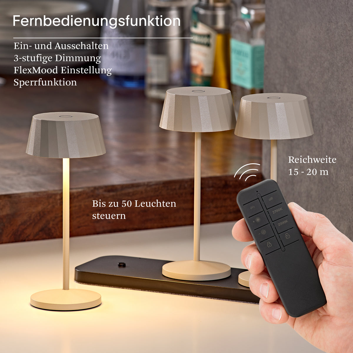 Akku-Tischleuchte Facetta 222mm dünenbeige 3er Set Remote dünenbeige