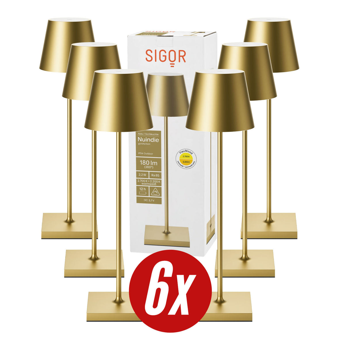 Gastropack Nuindie Tischleuchte 6x Nuindie USB-C 380mm goldfarben goldfarben