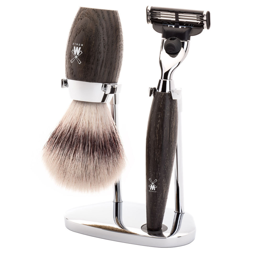 KOSMO 3-teiliges Rasierset, Silvertip Fibre®, mit Gillette® Mach3®, Griffmaterial Mooreiche