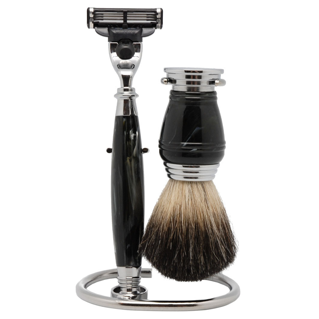 Rasierset grau marmoriert, Rasierpinsel rein Dachs,  mit Original Gillette® Mach3® Klinge