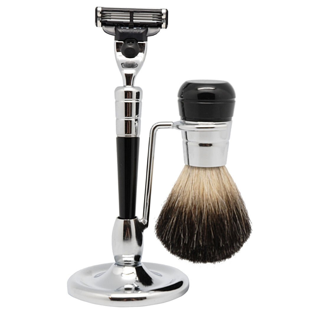 Rasierset schwarz/silber, Rasierpinsel rein Dachs,  mit Original Gillette® Mach3® Klinge