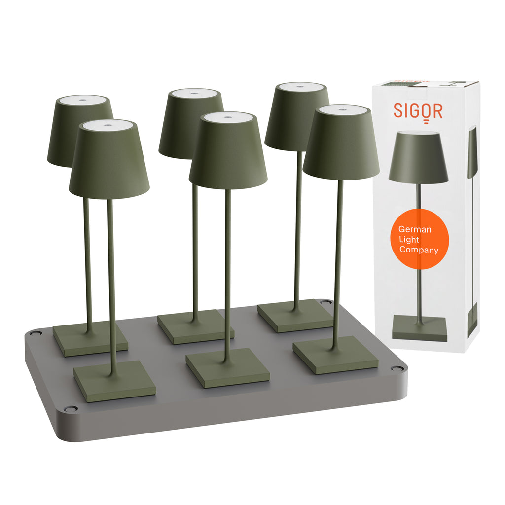 SIGOR Nuindie 3.0 LED Akku-Tischlampe, 6er-Set mit Ladestation, tannengrün tannengrün