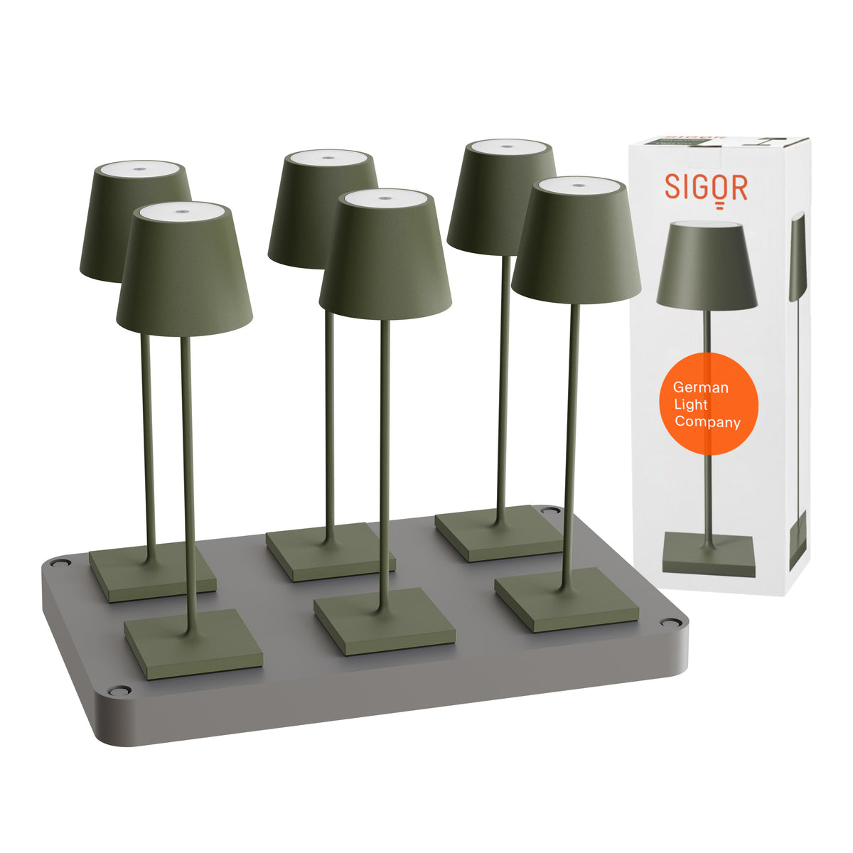 SIGOR Nuindie 3.0 LED Akku-Tischlampe, 6er-Set mit Ladestation, tannengrün tannengrün