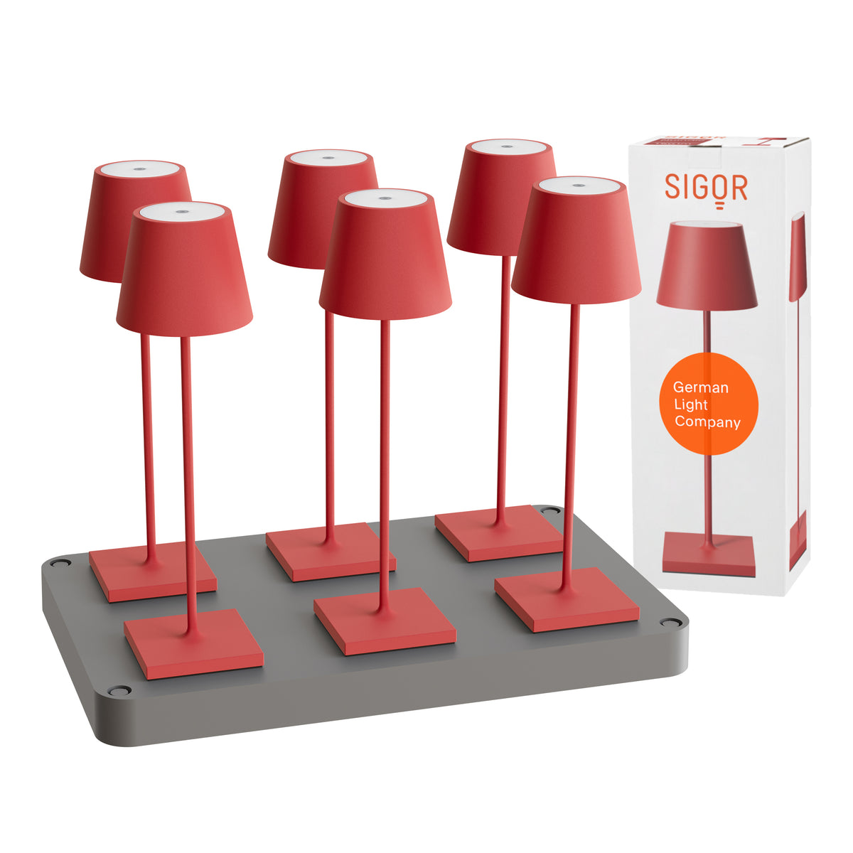 SIGOR Nuindie 3.0 LED Akku-Tischlampe, 6er-Set mit Ladestation, feuerrot feuerrot