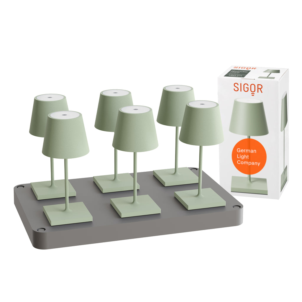 SIGOR Nuindie mini 3.0 LED Akku-Tischlampe, 6er-Set mit Ladestation, salbeigrün salbeigrün