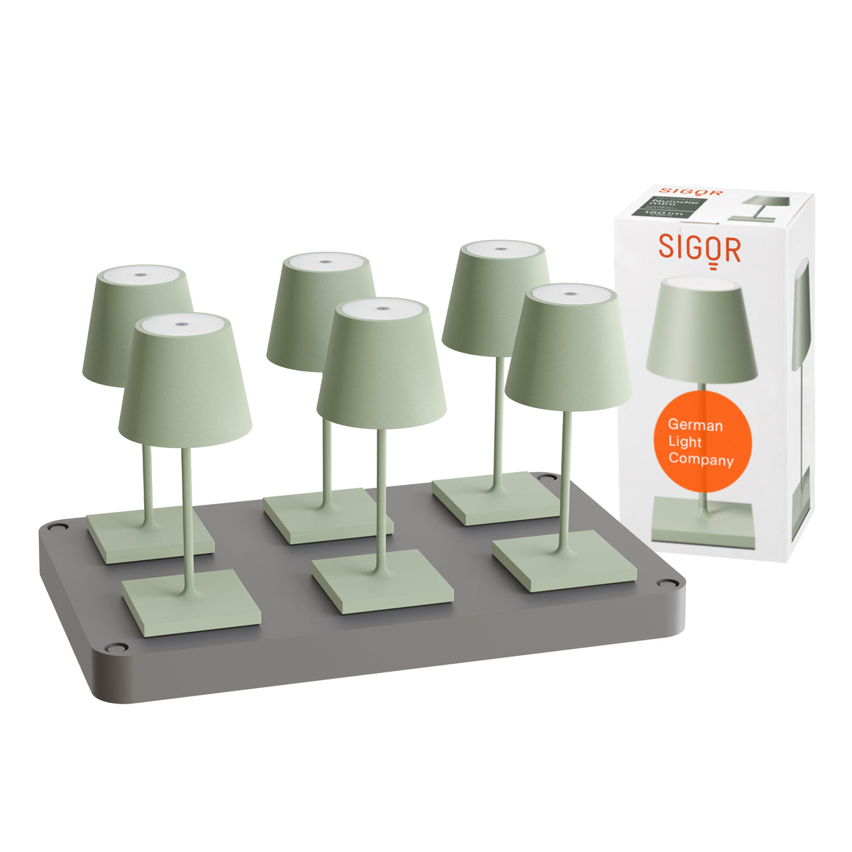 SIGOR Nuindie mini 3.0 LED Akku-Tischlampe, 6er-Set mit Ladestation, salbeigrün salbeigrün