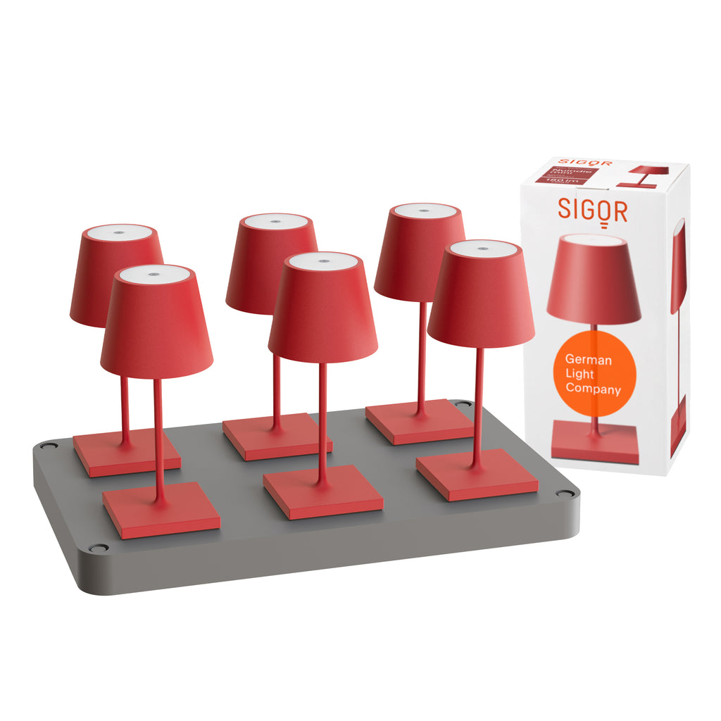 SIGOR Nuindie mini 3.0 LED Akku-Tischlampe, 6er-Set mit Ladestation, feuerrot feuerrot