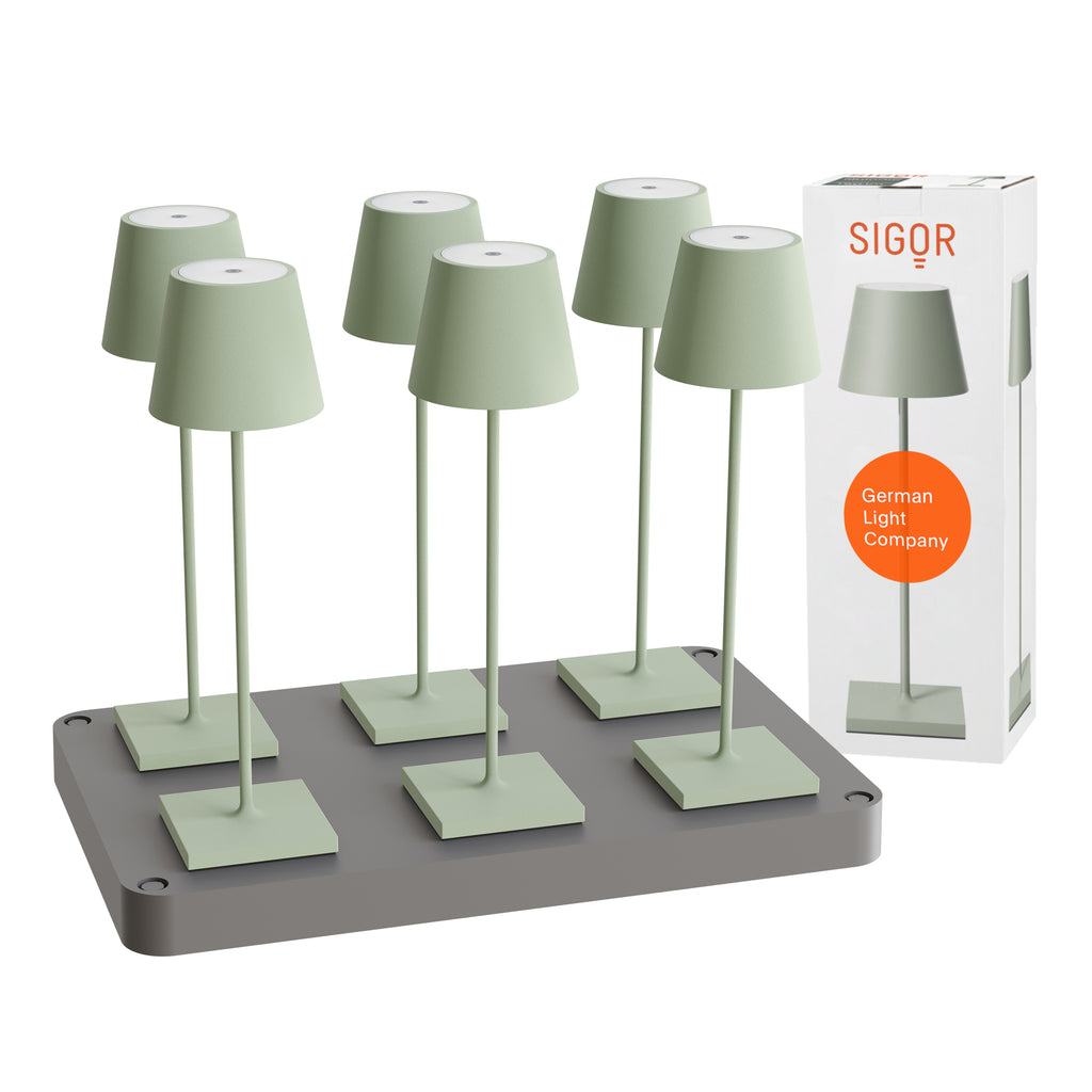 SIGOR Nuindie 3.0 LED Akku-Tischlampe, 6er-Set mit Ladestation, salbeigrün salbeigrün