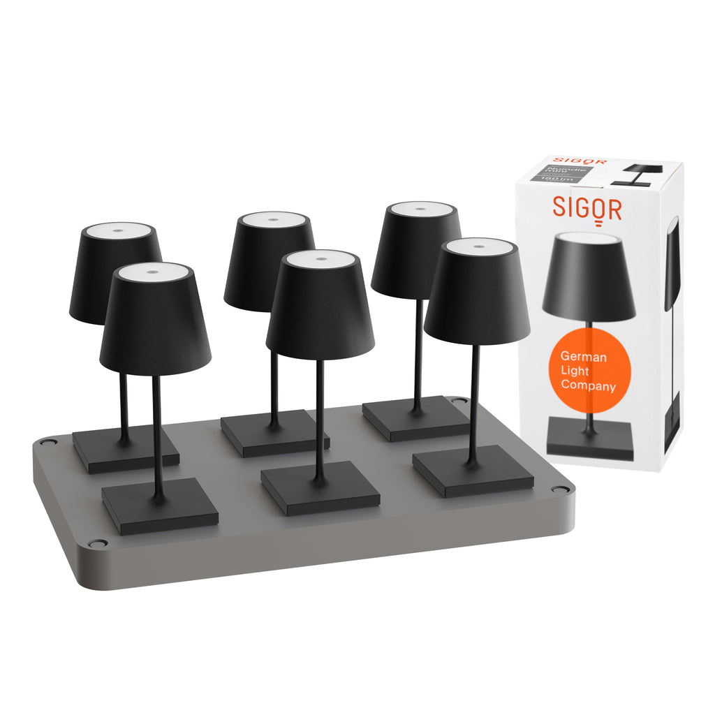 SIGOR Nuindie mini 3.0 LED Akku-Tischlampe, 6er-Set mit Ladestation, nachtschwarz nachtschwarz