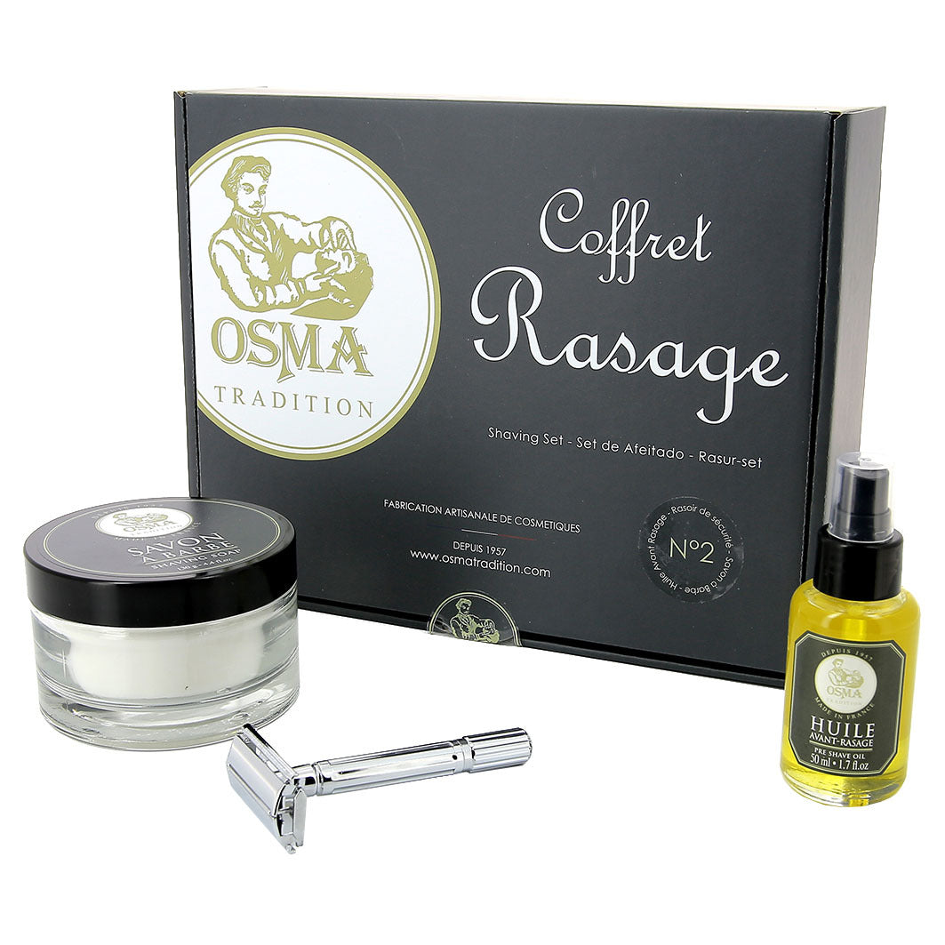 Osma Tradition Set bestehend aus Rasierseife 130g, Rasierer Classic, Preshave Ã–l 50ml
