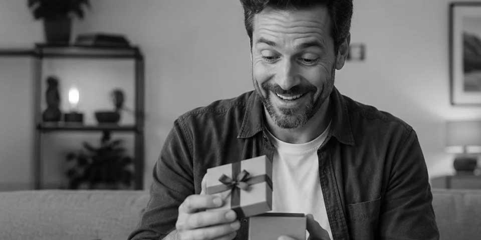 Lächelnder Mann mit Bart öffnet eine kleine Geschenkschachtel mit Schleife